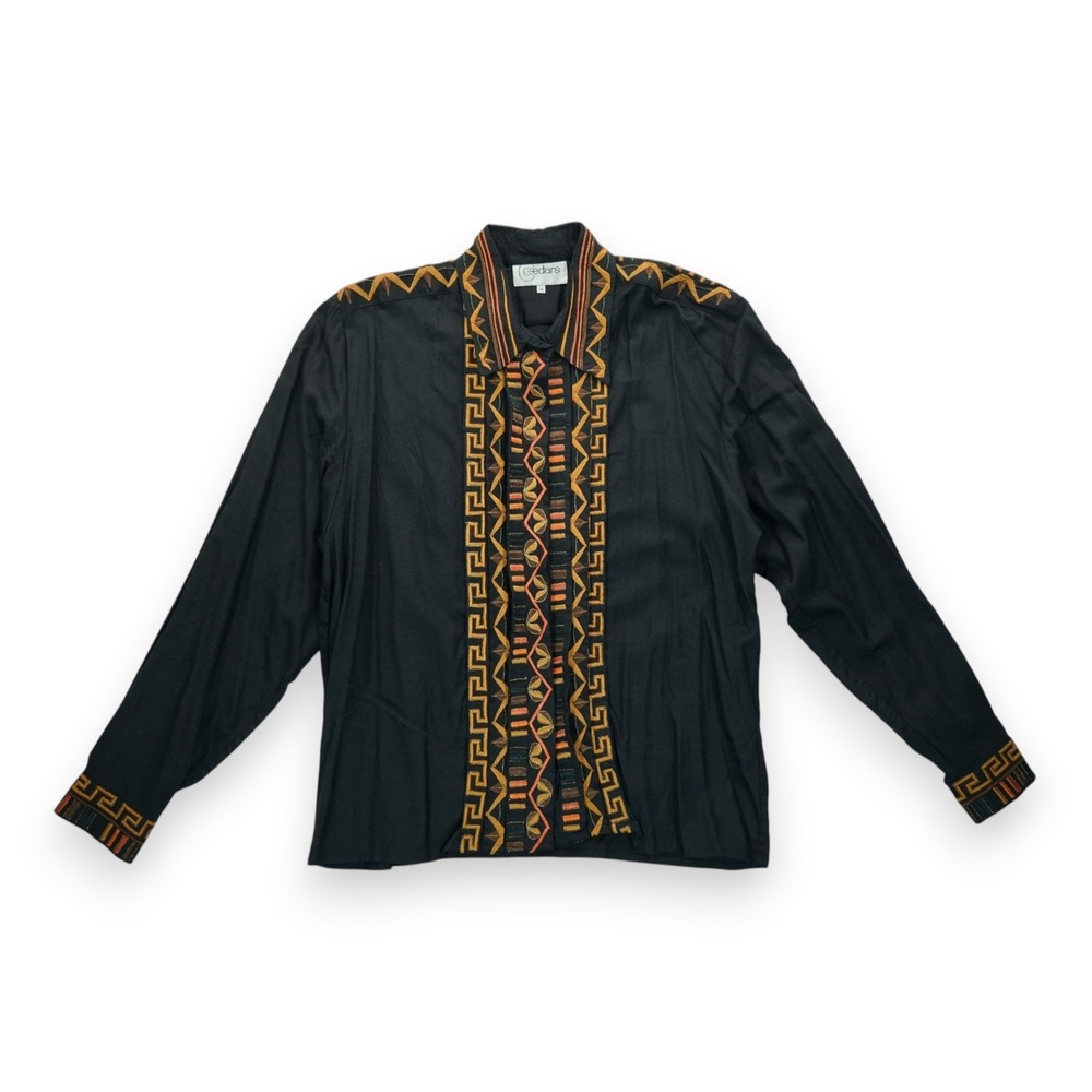 Cedars Blouse Womens Size 14 Black Embroidered Top Long Sleeve Geometric Pattern